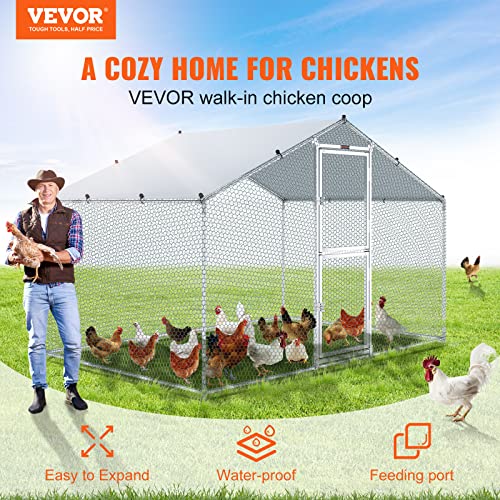 VEVOR Large Metal Chicken Coop with Run, Walkin Chicken Coop for Yard with Waterproof Cover, 6.5 x 9.8 x 6.4 ft, Spire Roof Large Poultry Cage for Hen House, Duck Coop and Rabbit Run, Silver - size: 118.0"L x 78.0"W x 78.0"H