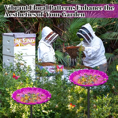 Bee Butterflies Watering Station, Standing Bee Feeder with Glass Marbles for Outside, Bee Bath Feeder with Metal Stakes Butterfly Puddler Garden Yard Déco (Rose) - color: Rose