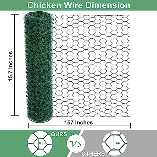 Mklsit Chicken Wire for Floral Arrangements, 15.7 x 157 Inches, Green | Floral Chicken Wire Mesh, PVC Coated, 0.6 Inch Hexagonal Galvanized Netting Fence for Crafts Poultry Garden Plants Protection - size: 15.7 x 157 Inches