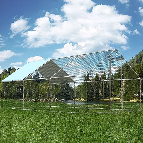 1.26’’ Large Metal Chicken Coop Walk in, Chicken Pen for Chickens, Outdoor Chicken Runs Coops Dog Kennel, Spire Roofed Chicken Runs for Yard with Anti-Ultraviolet Cover(9.8’Lx19.7’Wx6.4’H) - size: 9.8’Lx19.7’Wx6.4’H