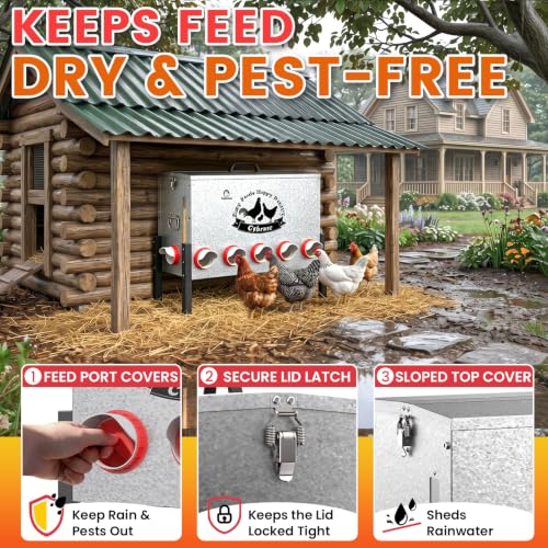 21-Gal Metal Automatic Chicken Feeder with 12 Feeding Ports | 110LB Capacity, Anti-Waste Design, Rust-Proof Alloy Steel, Clear Viewing Window, 3-Level Legs for Outdoor Chicken Coops - size: 21GAL-110LB