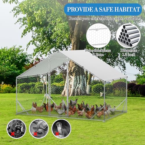 GarveeTech 6.5FT Walk in Chicken Coop Metal, Large Chicken Run with Triangular Brackets, Waterproof & Anti-UV Cover, Poultry Cage for Duck Goose Rabbit, Hen House for Yard Backyard Farm, 6.6' h - size: 9.8' x 6.5' x 6.5'