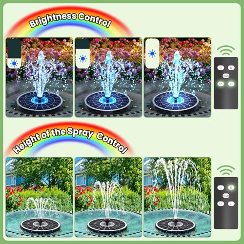 Yzert 2026 Remote Solar Powered Fountain, 6W Glass Bird Bath Fountain with 4000mAh Battery, 7 Nozzles, 4 Fixers & 8 Colorful LEDs, Adjustable Water Height for Outdoor Garden Pond Pool - color: 8leds