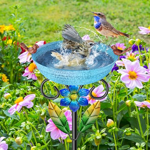 Metal Outside Bird Bath, 42“ Freestanding Garden Birdbath for Outdoor, Blue | SHUONIVS Bird Baths Feeder Bowl Detachable Decoration Spa Birdfeeder forPatio Yard Lawn Decor, 10" Dia Bowl with Stake - style: Blue+Flower