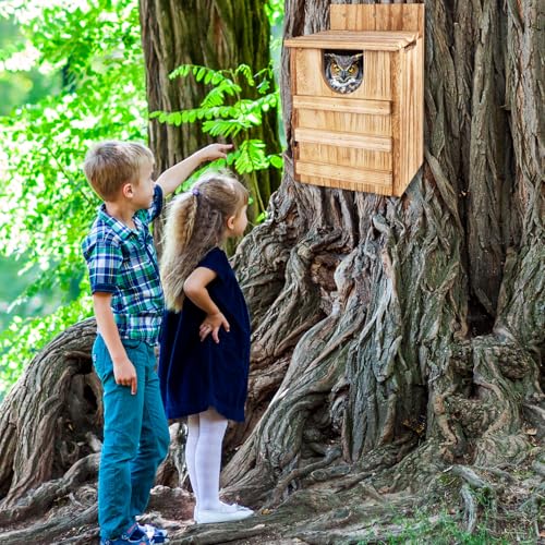 Owl House, Large Wooden Owl Nesting Box for Outside (8.7" x 7.5" x 14.2"), 3.3" Predator-Deterrent Entrance, Side Vent Holes & Bottom Drainage, Includes 2 Coco Liners, Easy Assembly