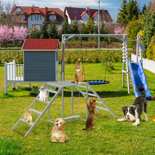 Chicken Coop Perch with Swing, Wooden Roosting Bar & Ladder Set, Chicken Run Accessories Toys for Backyard Farm 6-8 Chickens, Stable and Easy to Clean, Gray - size: 67.1"L x 15.3"W x 26.6"H
