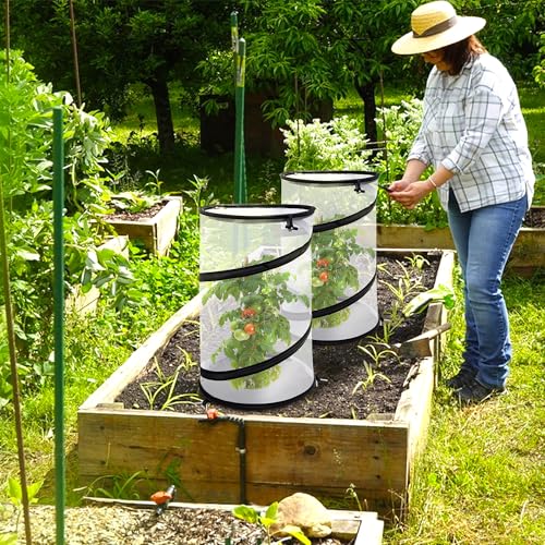 4 Pcs Pop Up Insect Barrier Plant Cover Net, 19.6" x 11.8" Round Foldable Plant Protectors Mesh Plant Enclosure, Garden Net Cage Guard Cover with Stakes & Carry Bag for Protect Plants from Bird Insect