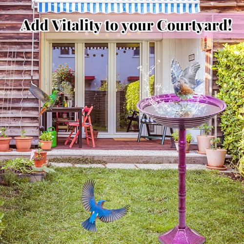 Metal Bird Bath for Outdoors, 28.4" Freestanding Garden Metal Birdbaths with Stable Upgrades Stake, Easy to Clean Birdfeeder for Outside Garden Yard Lawn Decor(Gradient Purple) - color: Gradient Purple