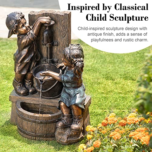 Glitzhome Outdoor Water Fountain with LED Light, Children Playing with Faucet Waterfall Fountains, Antique Bronze Resin Boy and Girl Statue Outdoor Waterfall Fountain for Patio Backyard Garden, 25”H - color: Children