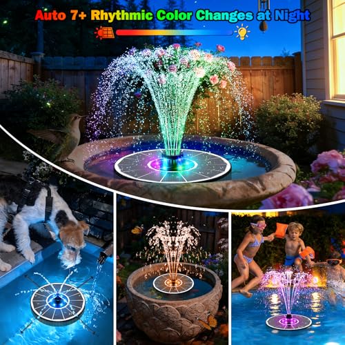 SZMP 3.5W Glass Solar Fountain with Swivel-Out Fixed Rods, Solar Bird Bath Fountains with LED Lights and 2000mAh Battery, 7 Nozzles, Outdoor Solar Water Fountain Pump for Garden, Pool, Pond (White) - color: White