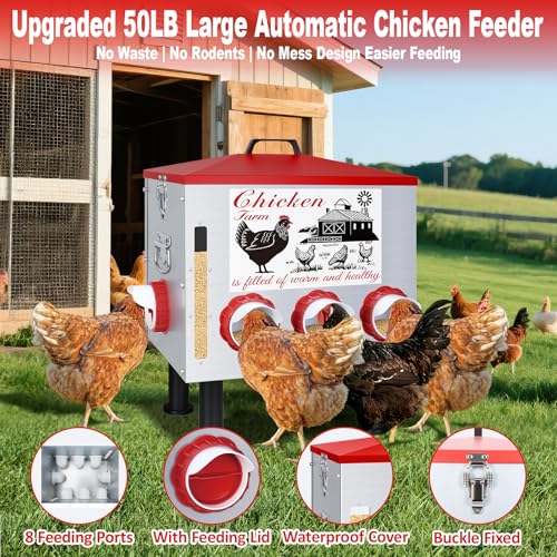 50Lb Automatic Chicken Feeder with Window 10 Port No Waste Rust-Proof Galvanized Steel with Locking Lid & Adjustable Height Legs Waterproof Portable Poultry Feeder for Chickens,Ducks,Geese