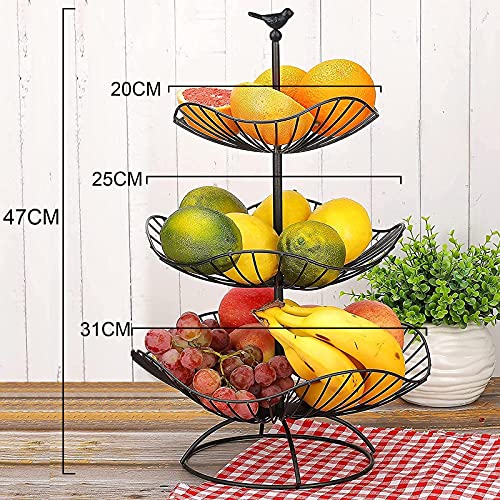 easyBee 3-Tier Fruit Basket Tower Stand, Metal Wire Construction, Vegetable Tiered Shelf, Tall Standing Produce Holder, Serving Basket for More Counter Space, 31 x 25 x 20 cm - Black