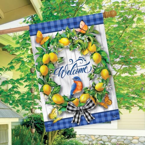 Lemon Wreath Spring House Flag Welcome Bluebird 28" x 40" Briarwood Lane - color: Lemon Bird