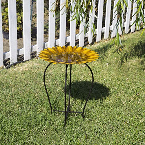 Alpine Corporation 19" H Outdoor Metal Birdbath w/Stylish Stand, Embossed Sunflower Birdbath Bowl and Stand Set, Yellow - color: Yellow