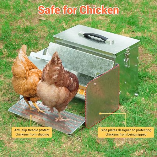 Yescom 26lbs Automatic Treadle Chicken Feeder Portable with Lock Rat Proof | Weatherproof Galvanized Steel Trough Poultry Farm Tank 12L for 6-12 Chicken 10 Days