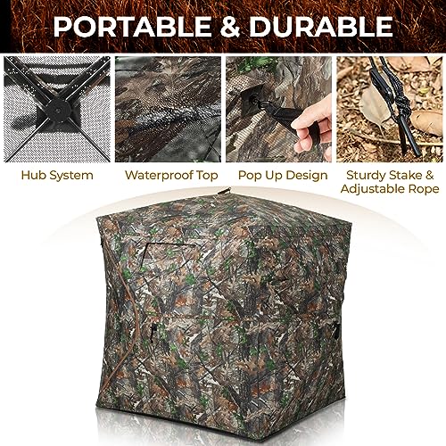 Portable Hunting Blind - 270°/360°See Through with Waterproof Floor Mat | Detachable Ground Mat, Silent Adjustable Windows, Pop Up Ground Blind for 2-4 Person, Camouflage Shelter for Turkey Deer - size: 2-3 Person（270°See Through）