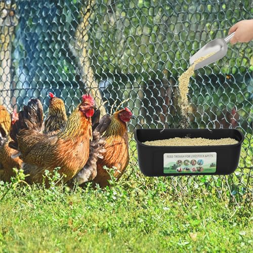 6 Pack Fence Feed Feeder 4.5 Quart Hanging Chicken Feeder Trough with Brush & Scoop Black Goat Hanging Fence Feeders Feeder with Hooks Screws & Zip Tie for Livestock Feeding Container Goats Supplies - color: Black, size: 6 Pack