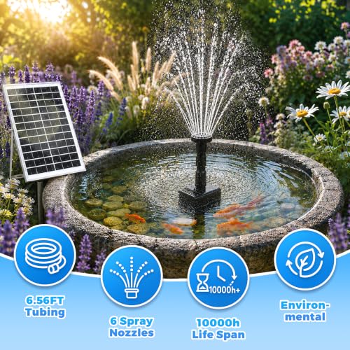 15W Solar Fountain Pump Kit with 6 Nozzles & 6.56FT DIY Tubing | 2026 Upgraded Solar Powered Water Fountain with 16.4FT Extra-Long Cable for Bird Bath, Pond & Outdoor Water Features - color: 15w Solar Fountain