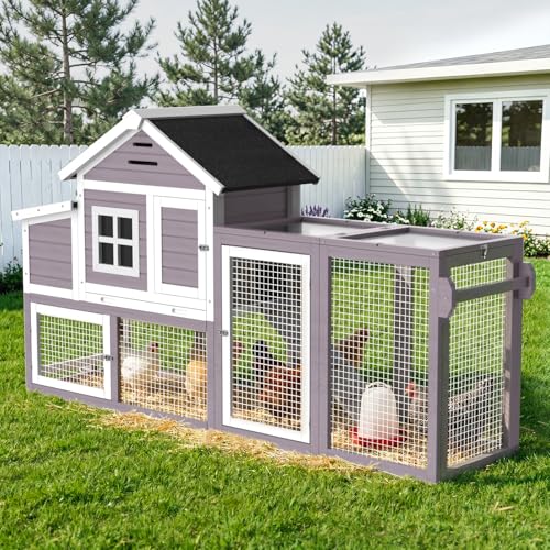 Chicken Coop with Run, Mobile Chicken Coop with Wheels for 4-6 Chickens, Large Outdoor Hen House with Nesting Box, Weatherproof Asphalt Roof, Pull-Out Tray for Small Animals in the Backyard - color: Grey