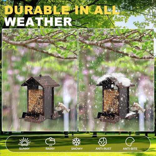 Squirrel Proof Bird Feeder for Outdoor Hanging,Metal Bird Seed Feeder with Bilateral Weight Activated Perches,5LB Large Capacity Wild Bird Feeders for Outside,Easy Refill and Clean,Brown - color: Brown