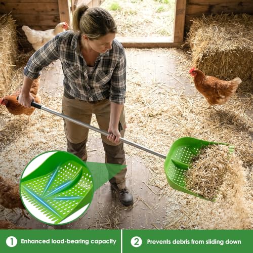 Thiswing Chicken Poop Scooper & Rake 2-in-1, Green | Adjustable Handle Length, Features Manure Sifting Capability, Ideal for Chicken Coops and Farm Animal Cleaning