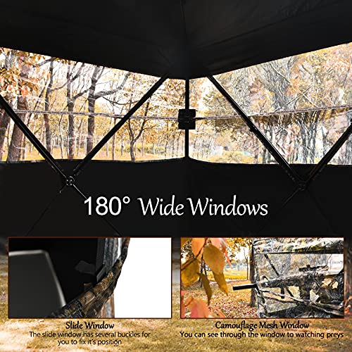 Tangkula 3 Person Pop up Ground Blind, Portable Hunting Blind with Mesh Windows, Carrying Bag & Ground Stakes, Camouflage Hunting Tent with Hub System, Camo Deer Blinds for Hunting - style: Slide Window