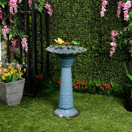 Alpine Corporation ORS112BL Vintage Metal Pedestal Birdbath with Stand, Shallow Bird Bath Bowl for Outside, 28" H, Blue - color: Blue