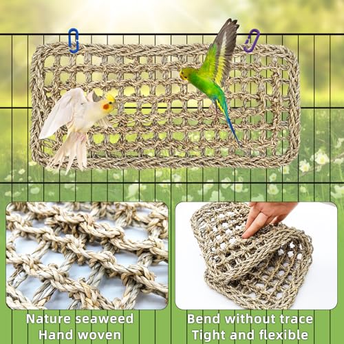 Bird Seagrass Mat 16 × 7" Parrot Natural Grass Woven Net Hammock Parakeet Climbing Rope Ladder Mat Chew Toys Cage Accessories for Pigeon Cockatiel Conure Budgie Cockatoo Rat Hamster - size: 16" × 7"