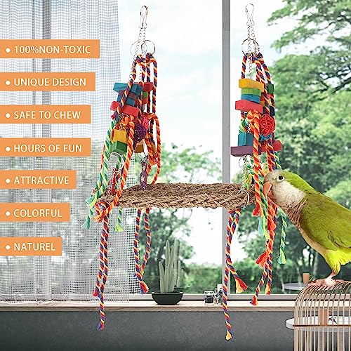 Bird Foraging Wall Toy, Parrot Chewing Toys Seagrass Woven Hammock Swing Mat with Colorful Ropes Wooden Blocks for Parakeets, Lovebirds, Cockatiels, Conures (Hammock Swing) - style: Hammock Swing