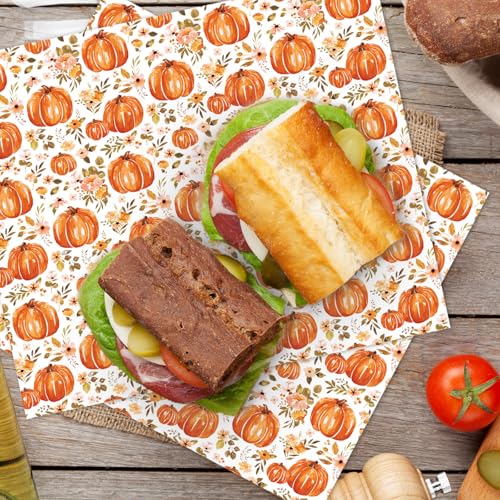 JarThenaAMCS 150 Pcs Fall Floral Pumpkin Wax Paper Orange Sandwich Wrap Paper Tissue Waterproof Oil-Proof Picnic Liners for Autumn Thanksgiving Party Kitchen Supplies, 9.8 x 8.3 In - color: Fall Pumpkin