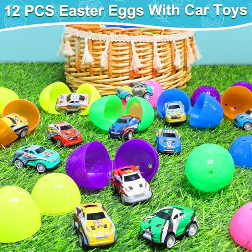 12 Pack Easter Eggs with Pull Back Race Cars Toys, 2.2" Colorful Mini Vehicles in Surprise Eggs for Egg Hunt, Easter Basket Stuffers Gifts Birthday Party Favors for Boys Ages 3+ - style: 12 Pack Easter Eggs with Pull Back Cars