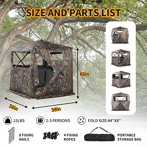 Hunting Blind 270/360 See Through Deer Blind, Pop Up Ground Blind | 2/3/4 Person Camouflage Tent, Portable Concealed Shelter with Carrying Bag, Silent Sliding Windows, Windproof Bottom Layer - size: 2-3 Person, style: 270