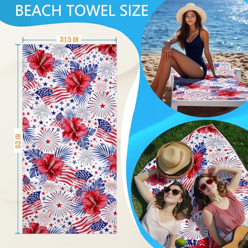 American Flag Beach Towel Bag - Blue Red Flower Microfiber 2 In1 Beach Blanket Drawstring Bag for Holiday Travel - color: American Flag Red
