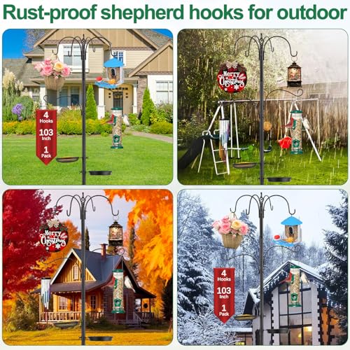 Camii 103 in Bird Feeding Station Kit, 6-Hook Wild Bird Feeder Stand Pole, Steel Multi-Feeder Pole with 5-Prong Base, Mesh Tray, Bird Bath for Attracting Wild Birds