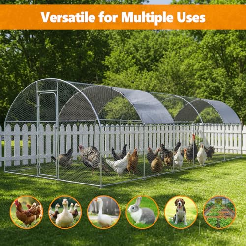 Metal Chicken Coop with Waterproof Curved Roof, 32.8×9.8×6.4ft | Thickened Steel Frame, Predator-Proof Wire, Weatherproof & UV Resistant Cover, Detailed Assembly Guide & Tool Kit - size: 393.6"L x 118.1"W x 76.8"H