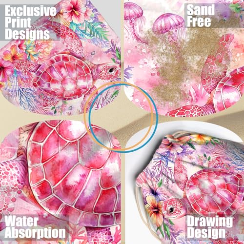 Sea Turtle Beach Towel Bag - Pink Multi-Functional Microfiber Beach Blanket Flower Printed Drawstring Bag for Travel - color: Summer Turtle Pink