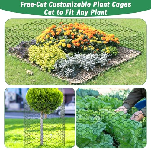 Plant Protectors from Animals, 16.4 x 16In Green PVC Coated Galvanized Chicken Wire Mesh Roll, 0.8mm Free-Cut Plant Cage with Ties, Stakes, Gloves, Pliers & Floral Wire (33Ft*20In) - size: 33Ft*20In