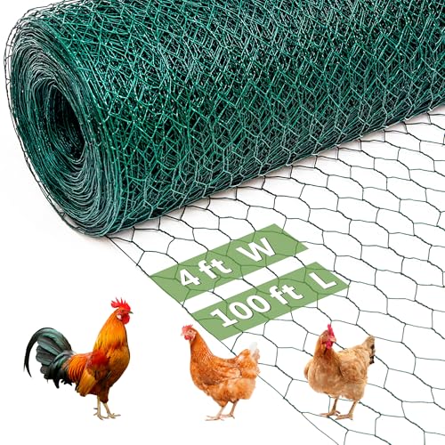 Chicken Wire Fencing Mesh, Galvanized Hexagonal Floral Chicken Wire, Outdoor Anti-Rust Poultry Netting for Garden Fence (4 ft x 100 ft, PVC Coated) - size: 4 ft x 100 ft