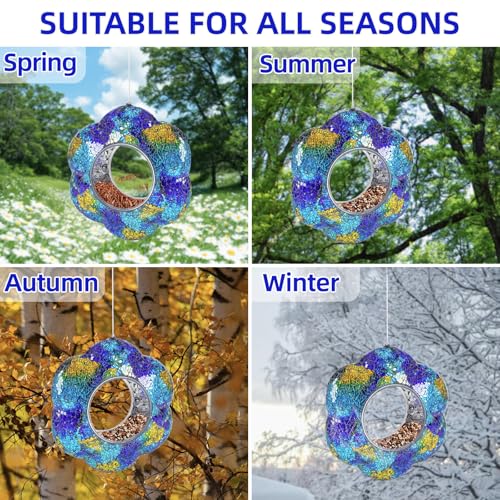 VOREEN Mosaic Glass Bird Feeder, Handcrafted Hanging Fly-Through Feeder for Outdoor Garden & Backyard, Blue Flower Mosaic Style - color: Blue Flower