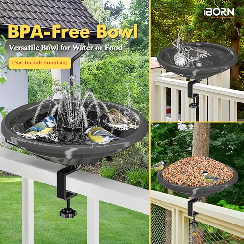 iBorn Bird Bath,Deck Mounted Bird Baths 12inch,Birdbath for Outside with Clamp 3.2inch,BPA-Free Bowl,Chew-Proof,Fully Detachable Design,Easy Clean & Refill,Gray,1 Pack（Not Include Fountain） - style: Deck Mounted Bird Bath Gray