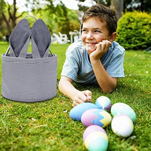 Easter Basket Seersucker Egg Hunt Bunny Baskets for Kids with Cute Rabbit Ears Stripe Storage Gifts Candies Personalized Easter Party Gifts… - color: Seersuck Navy