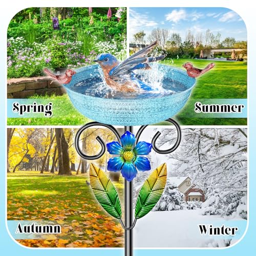 Metal Outside Bird Bath, 42“ Freestanding Garden Birdbath for Outdoor, Blue | SHUONIVS Bird Baths Feeder Bowl Detachable Decoration Spa Birdfeeder forPatio Yard Lawn Decor, 10" Dia Bowl with Stake - style: Blue+Flower