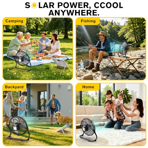 14" Solar Powered Fan with 20W Detachable Solar Panel, Black | Built-in Rechargeable Battery, Portable, 12 Speed, 360° Tilt for Outside, Camping, Greenhouse, Chicken Coop, Patio, gazebo - color: 14" Black