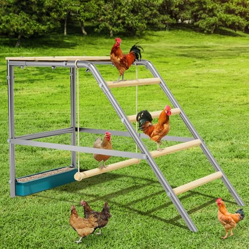 37.4" L x 18.9" W Roosting Bars for Chickens in Coop, Metal Frame Chicken Roosting Bars with Swing, Ladder & Food Box, Chicken Perch for Coop, Backyard, Farm - size: 39.8"L x 6.7"W x 4.7"H