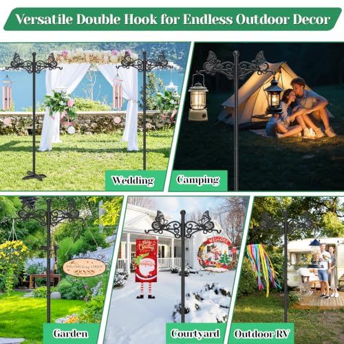 2Pcs Double Shepherds Hooks for Outdoor, 88" Adjustable Heavy Duty Bird Feeder Pole with 5-Prong Base & Butterfly Design, Shepherds Hooks for Garden Wedding Hanging Plant Lantern Wind Chime - color: Black-2
