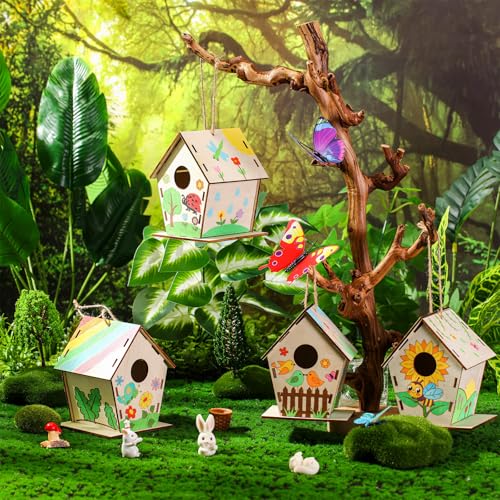 DoubleFill 24 Pack Wooden Bird House Bulk for Kids Birdhouse Kit Wood Houses for DIY Unfinished Hanging Birdhouse Kits, Wooden Craft Houses to Paint Family Camping Summer Crafts