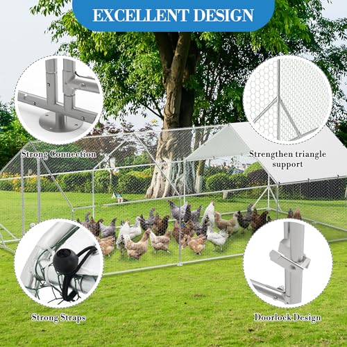GarveeTech 6.5FT Walk in Chicken Coop Metal, Large Chicken Run with Triangular Brackets, Waterproof & Anti-UV Cover, Poultry Cage for Duck Goose Rabbit, Hen House for Yard Backyard Farm, 6.6' h - size: 9.8' x 19.7' x 6.6'