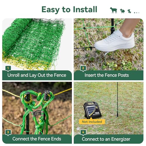 Electric Fence Netting, 49.6" H x 164' L, Portable Livestock Net Fencing with Double-Spike Posts, Movable Mesh for Goats, Sheep, Hogs, Deer & Dogs, Predator Control for Backyard, Farm & Homestead