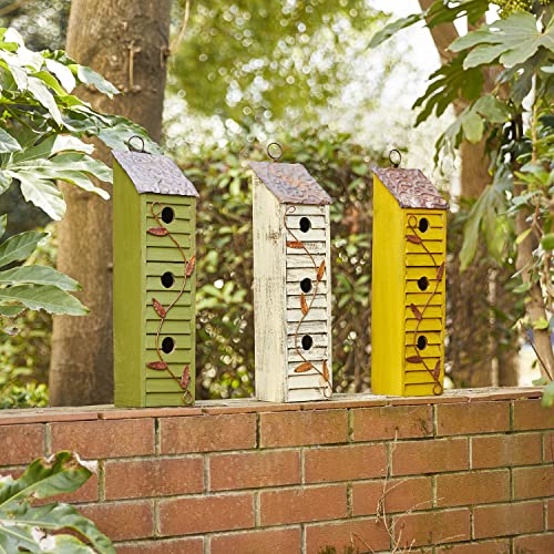 Glitzhome Hanging Birdhouses for Outdoors, 17.95" H Distressed Three-Story Solid Wood Cottage Garden Birdhouse with Shutter Texture Decorative Bird Houses for Outside - color: 18"H