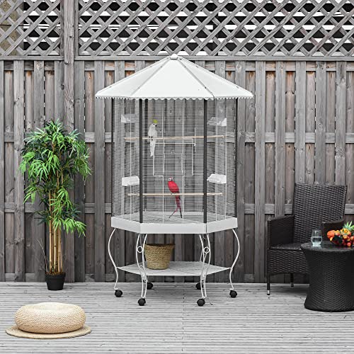 PawHut 44" Hexagon Covered Canopy Portable Aviary Flight Bird Cage With Storage | Hexagon